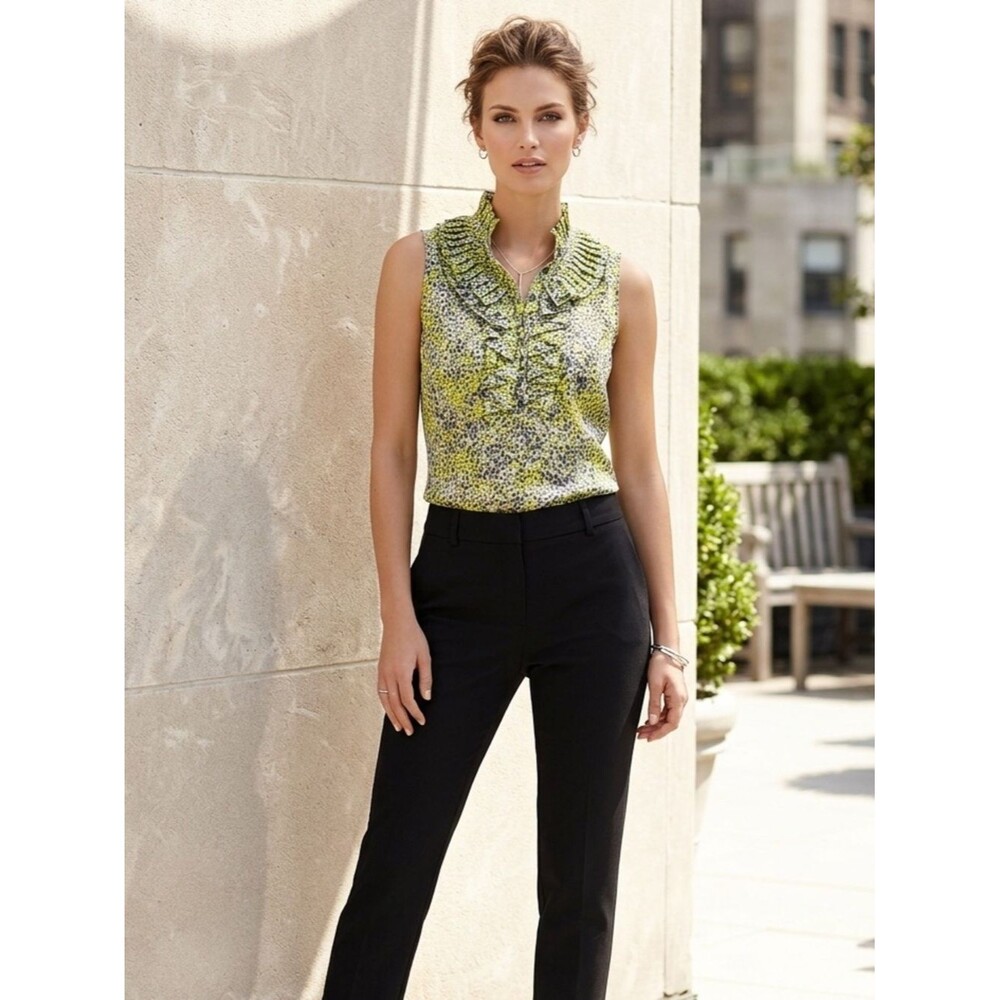 Y2K New York & Company Chartreuse Ruffle Blouse | Size 6 | 2000s Office Chic